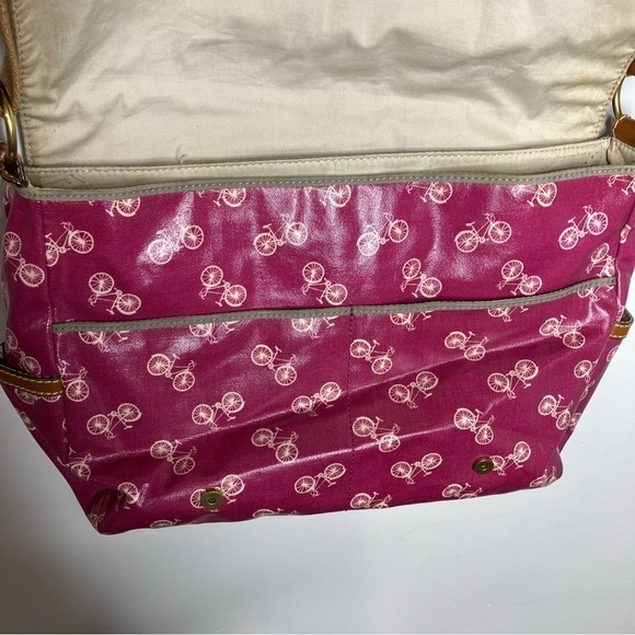 Fossil coated canvas messenger bag pink bicycle print leather trim - Picture 9 of 16